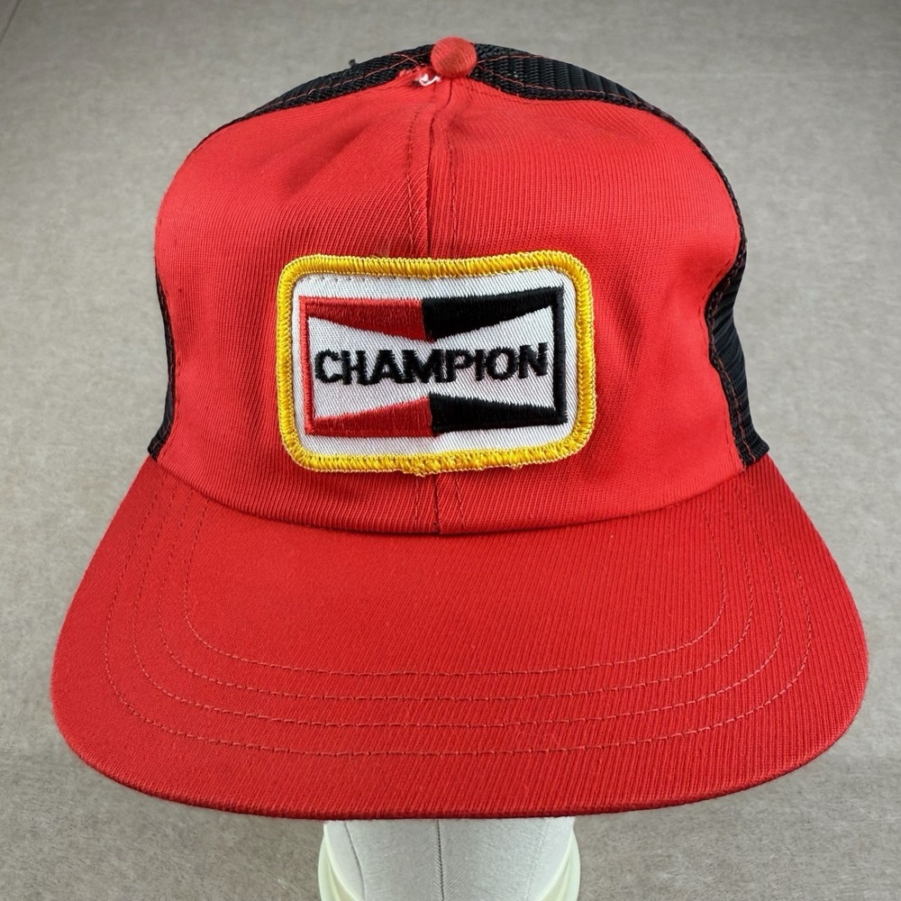 Vintage Champion Spark Plug Trucker Hat Red Black Mesh Cap Union‎ Made USA